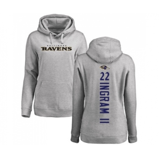 Football Women's Baltimore Ravens #22 Mark Ingram II Ash Backer Pullover Hoodie - Jersey