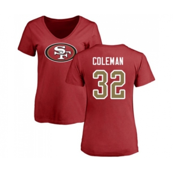 Football Women's San Francisco 49ers #32 Tevin Coleman Red Name & Number Logo T-Shirt - Jersey