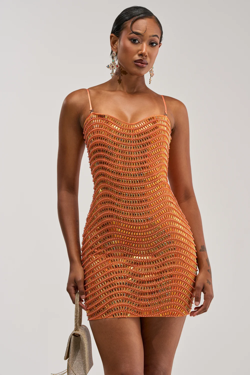 SHINE ON RHINESTONE MINI DRESS IN ORANGE - Akira Wear