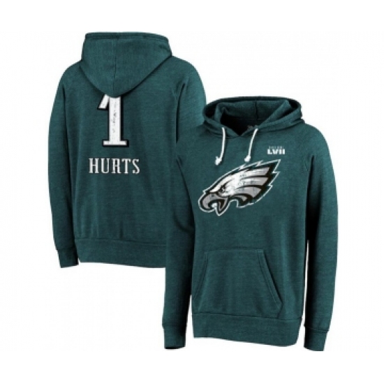 Men's Philadelphia Eagles #1 Jalen Hurts Midnight Green Super Bowl LVII Name & Number Pullover Hoodie - Jersey
