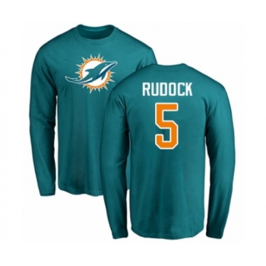 Football Miami Dolphins #5 Jake Rudock Aqua Green Name & Number Logo Long Sleeve T-Shirt - Jersey
