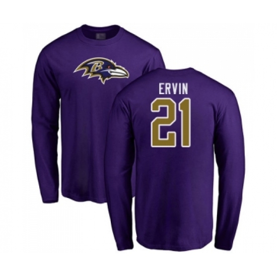 Football Baltimore Ravens #21 Tyler Ervin Purple Name & Number Logo Long Sleeve T-Shirt - Jersey