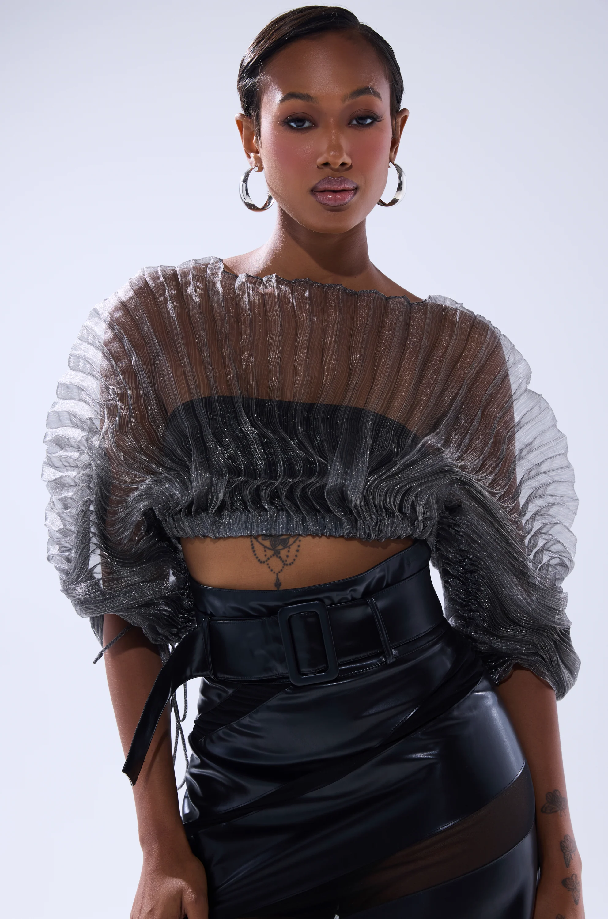 SHEER PLEATED CROP TOP IN GREY - Akira Wear