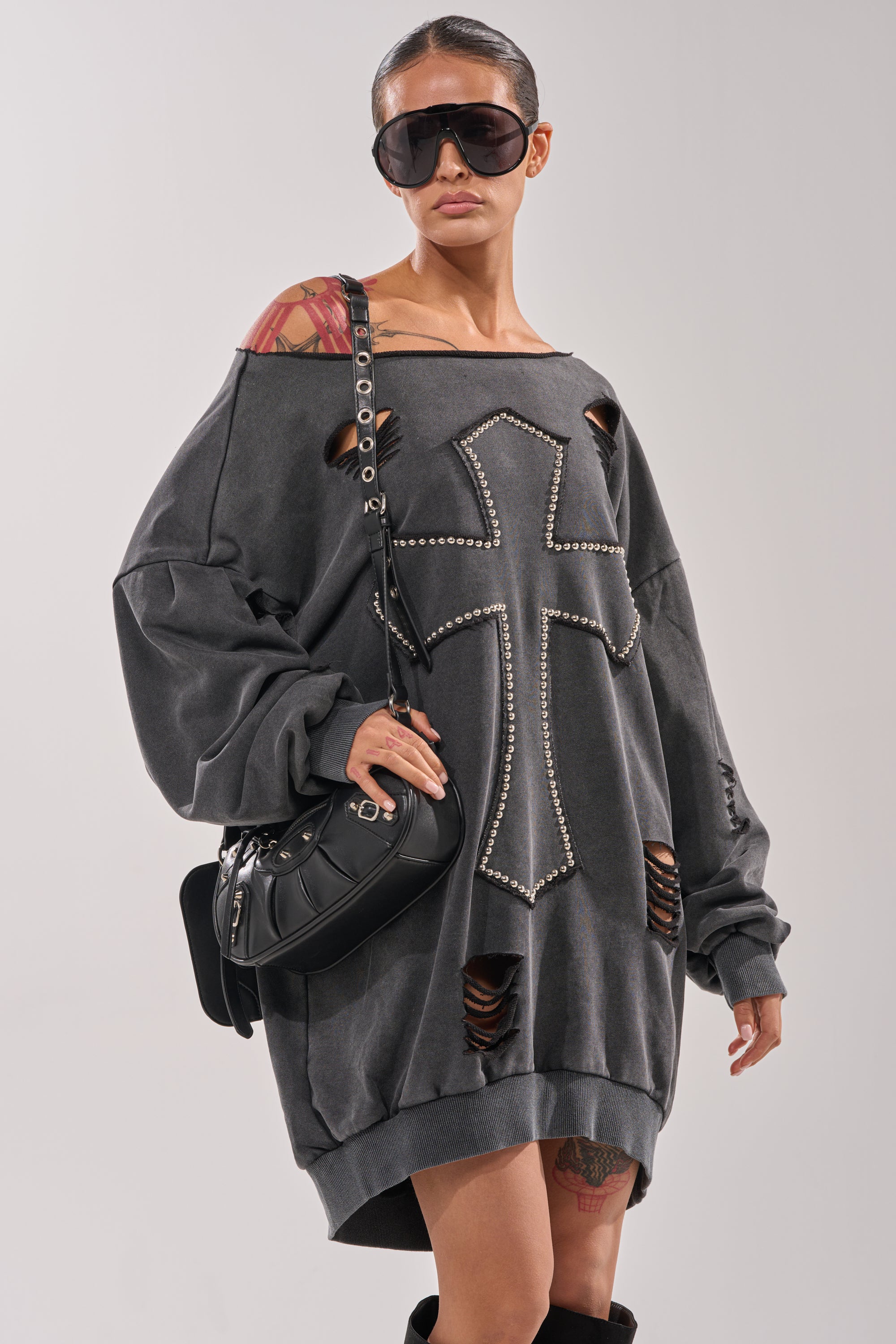 LEX STUDDED MINI SWEATSHIRT DRESS - Akira Wear
