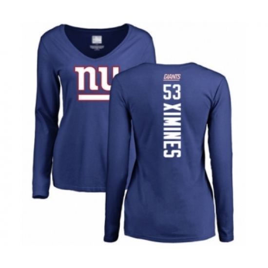 Football Women's New York Giants #53 Oshane Ximines Royal Blue Backer Long Sleeve T-Shirt - Jersey