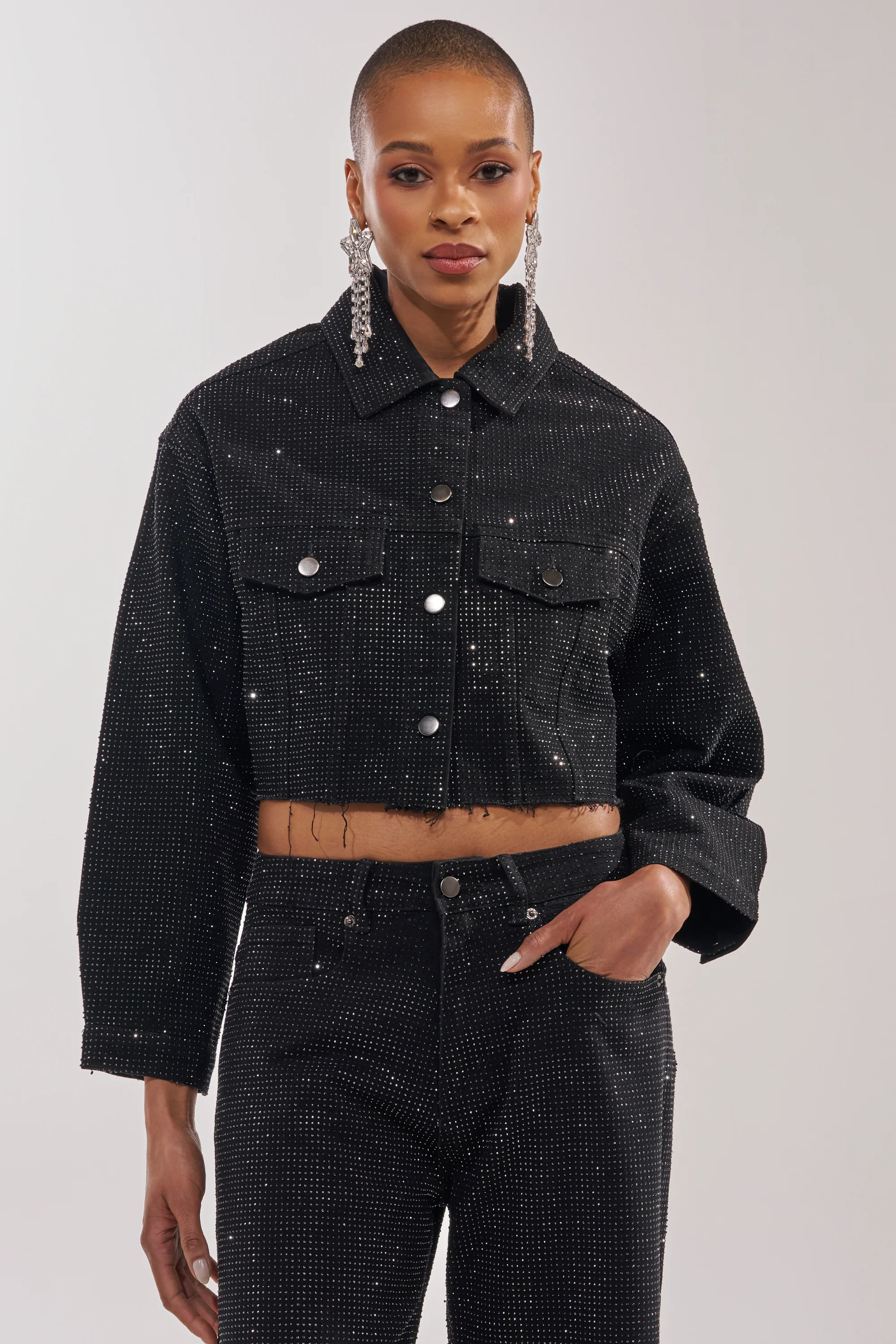 DEMI EMBELLISHED DENIM JACKET IN BLACK - Akira Wear