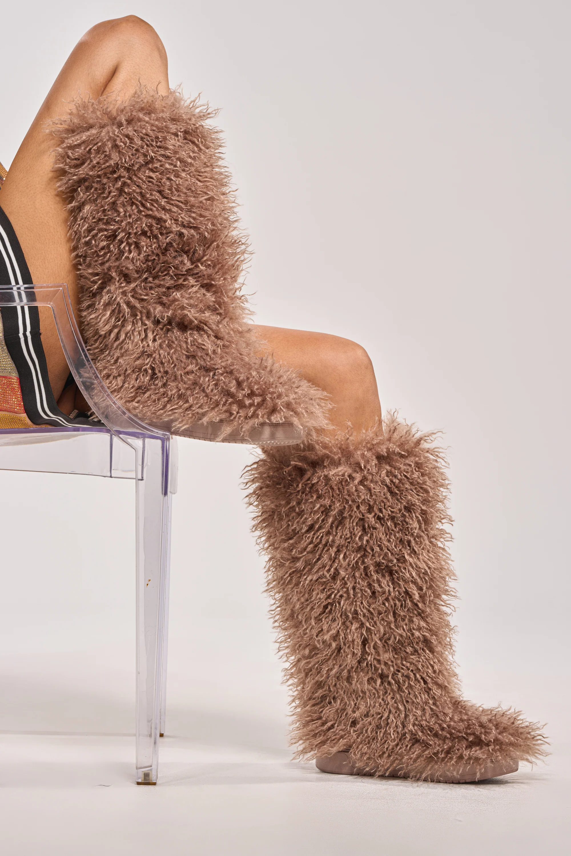 AZALEA WANG DENTON TAUPE KNEE HIGH FLAT FUR BOOT - Akira Wear