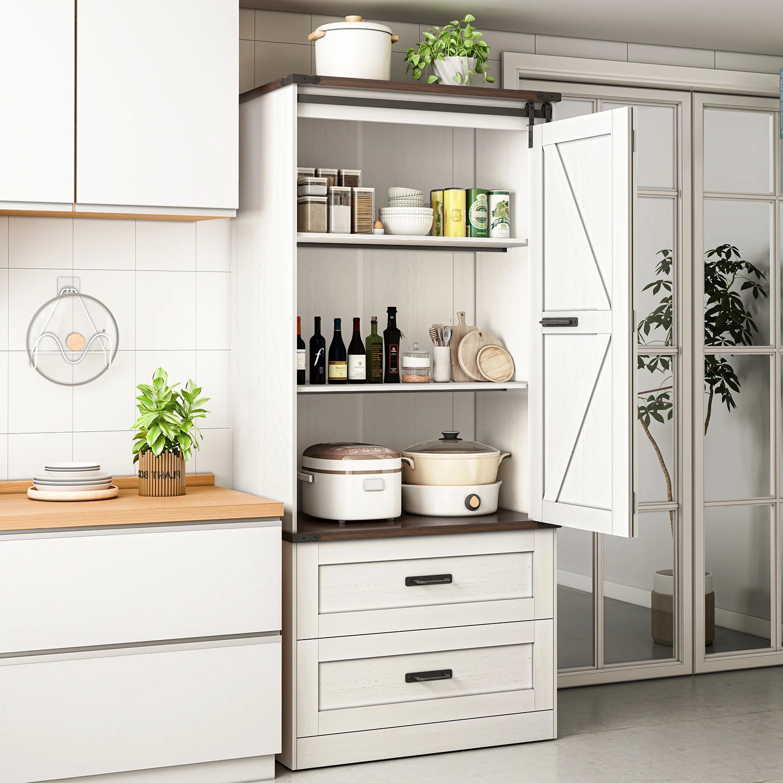72''Tall Farmhouse Kitchen Pantry Cabinet, 3 Layers Storage Cabinet with Adjustable Shelves, 2 Drawer, Folding Door, Versatile Large Rustic Cabinet for Kitchen, Dining Room, Living Room, Bathroom
