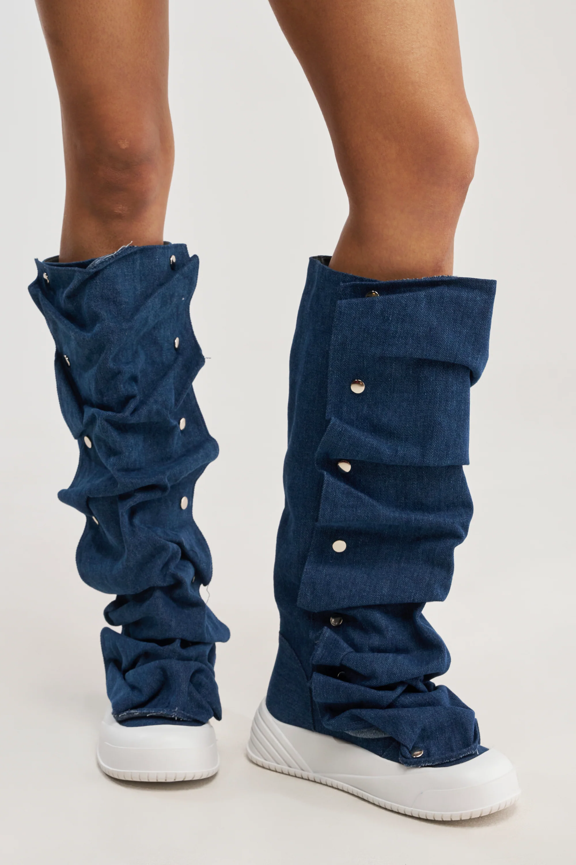 AKIRA GOLD ALIXY DENIM FLAT RUFFLE BOOT - Akira Wear