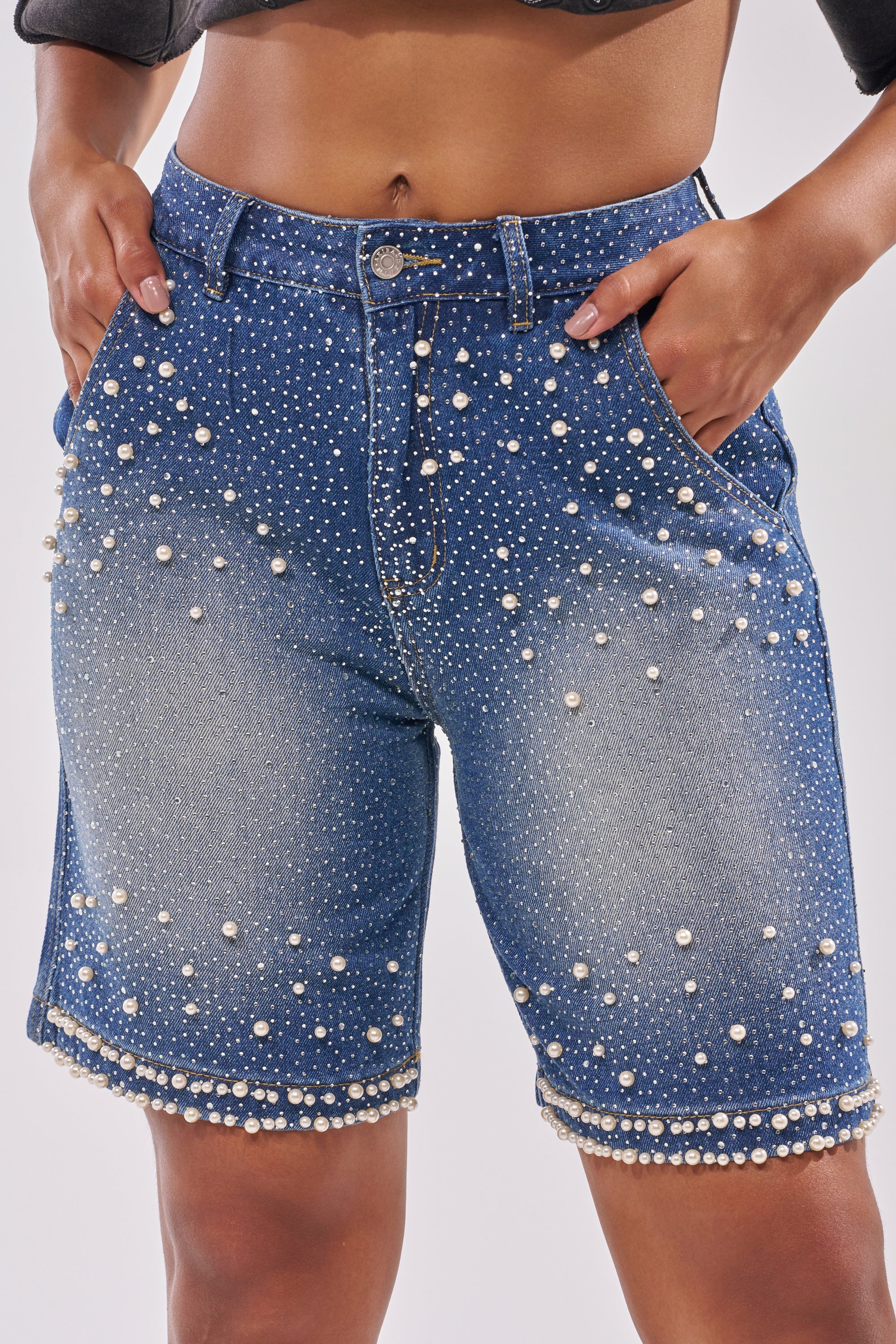 BLINGED OUT CARGO SHORTS IN MEDIUM BLUE DENIM - Akira Wear