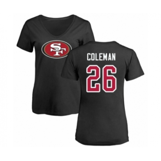 Football Women's San Francisco 49ers #26 Tevin Coleman Black Name & Number Logo T-Shirt - Jersey