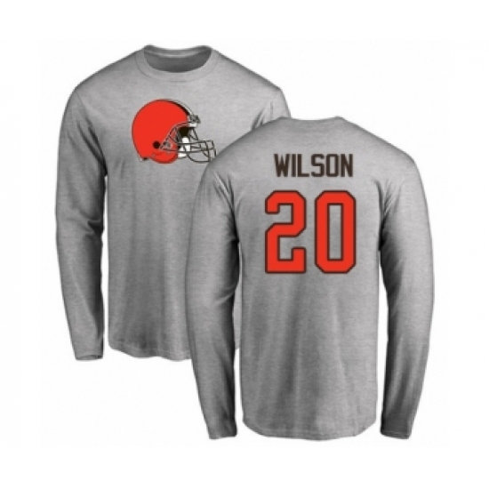 Football Cleveland Browns #20 Howard Wilson Ash Name & Number Logo Long Sleeve T-Shirt - Jersey