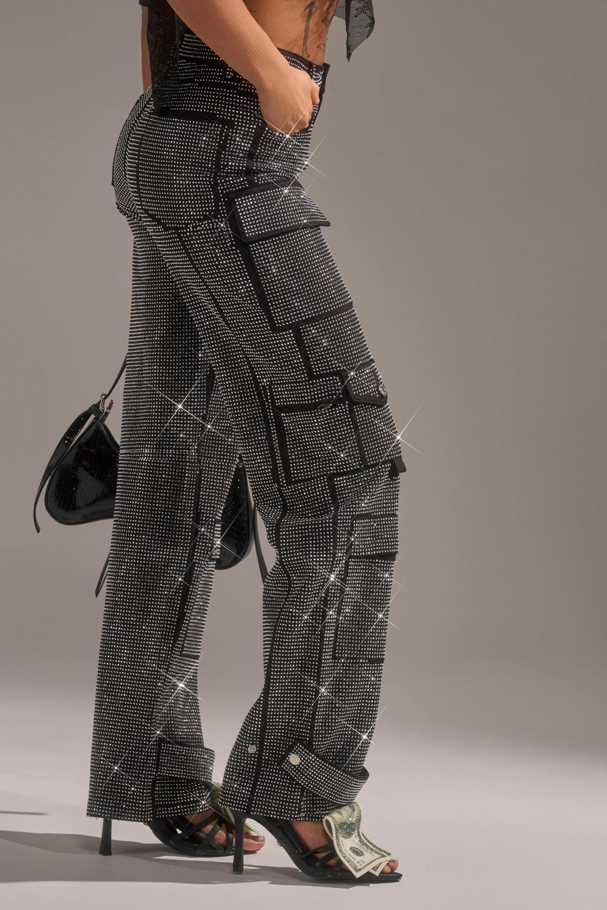 AMMO BONNE SOIREE RHINESTONE CARGO PANTS IN BLACK - Akira Wear