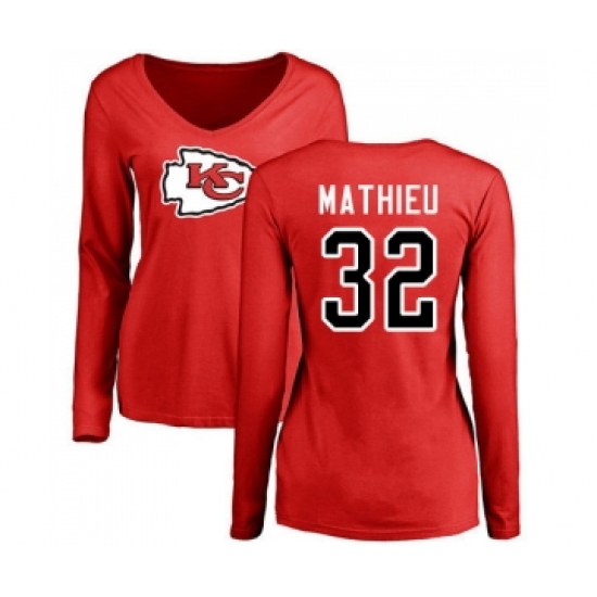 Football Women's Kansas City Chiefs #32 Tyrann Mathieu Red Name & Number Logo Slim Fit Long Sleeve T-Shirt - Jersey