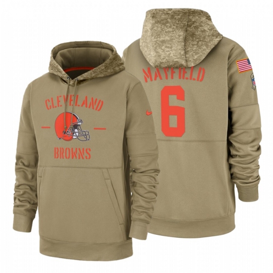 Men's Cleveland Browns Baker Mayfield #6 2019 Salute to Service Tan Sideline Therma Pullover Hoodie - Jersey