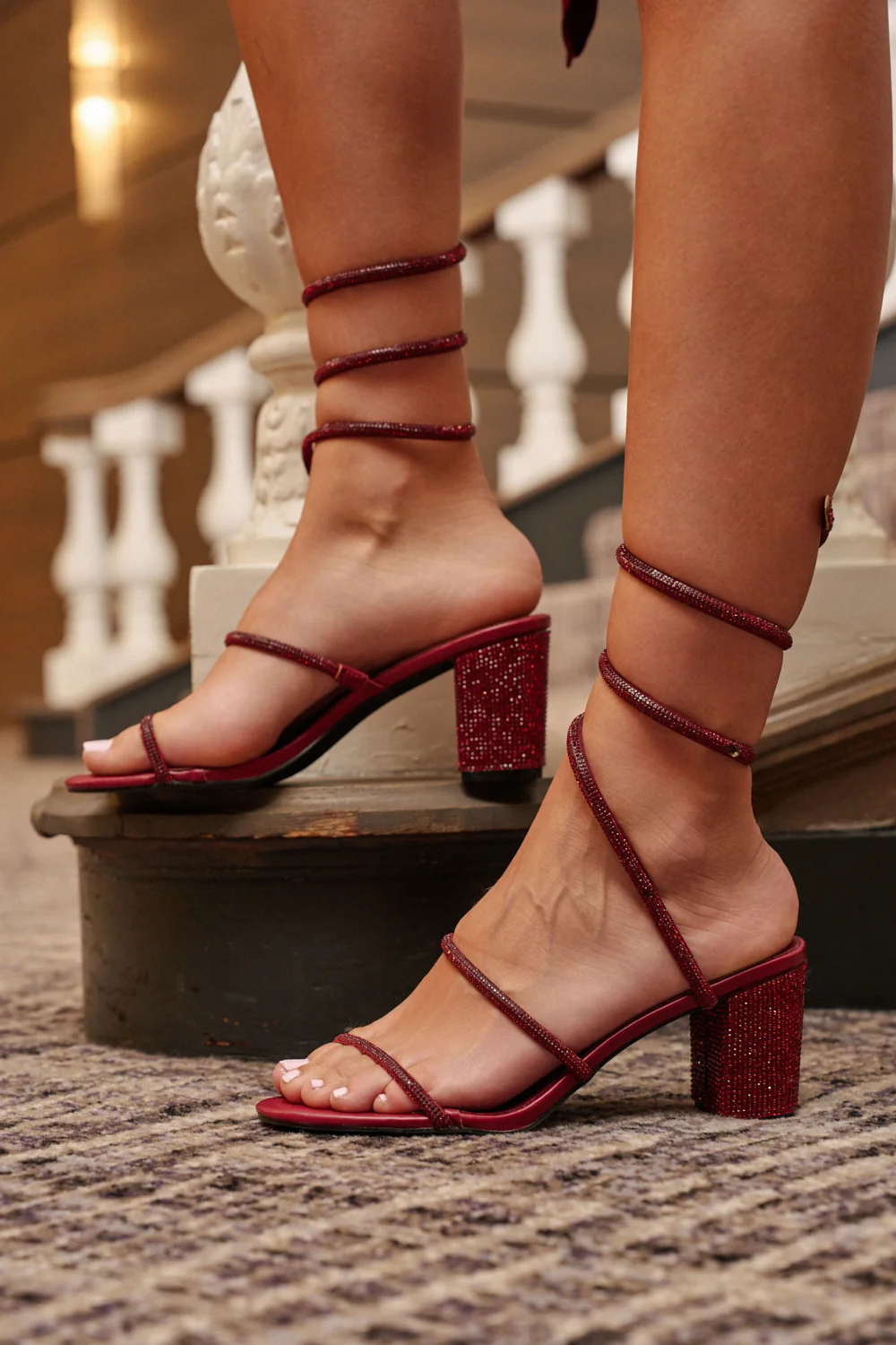 AKIRA SOLEDAD BURGUNDY RHINESTONE COIL SANDAL - Akira Wear