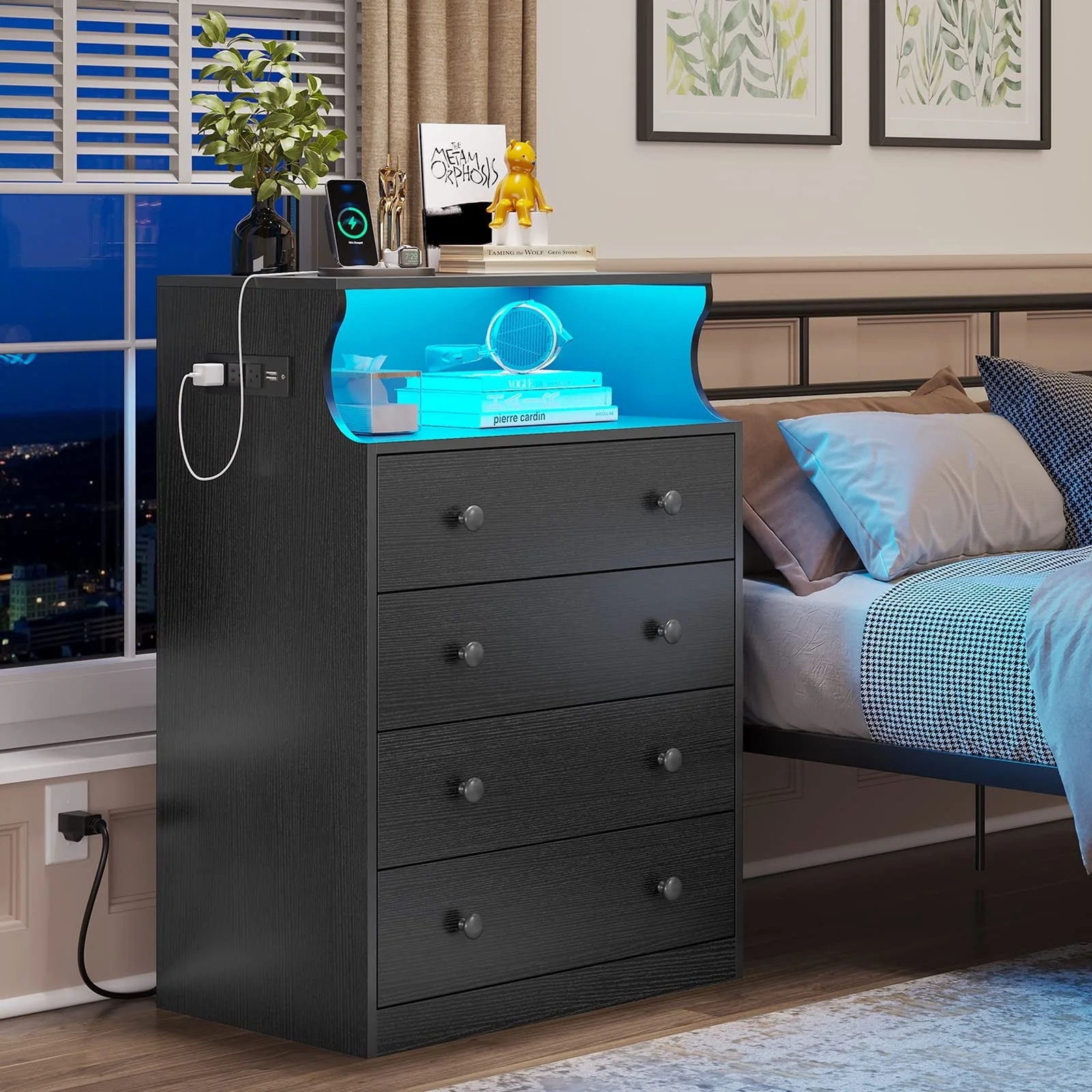 EPHEX 4 Drawers Dresser for Bedroom with Charging Station, Chest of Drawers with Open Space, Large Capacity Storage Cabinet, White