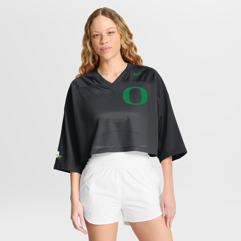 Women's Nike Black Oregon Ducks Cropped Mesh Dri-FIT Fashion Jersey - Jersey