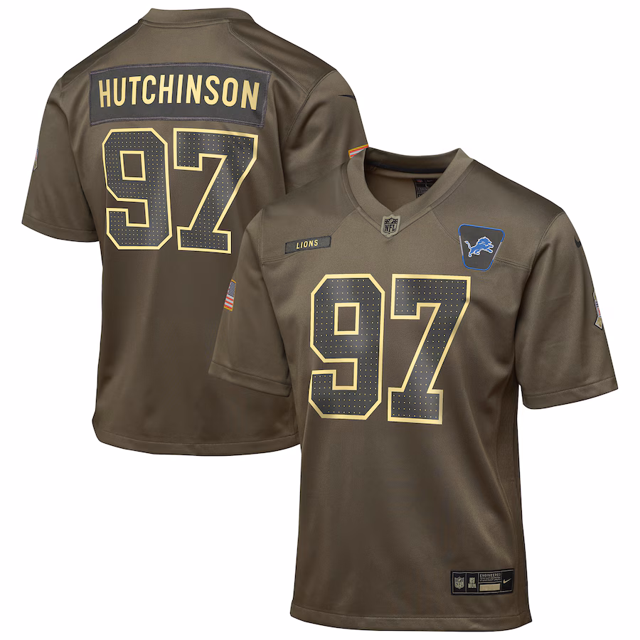 Youth Detroit Lions Aidan Hutchinson Nike Olive 2025 Salute to Service Game Jersey - Jersey