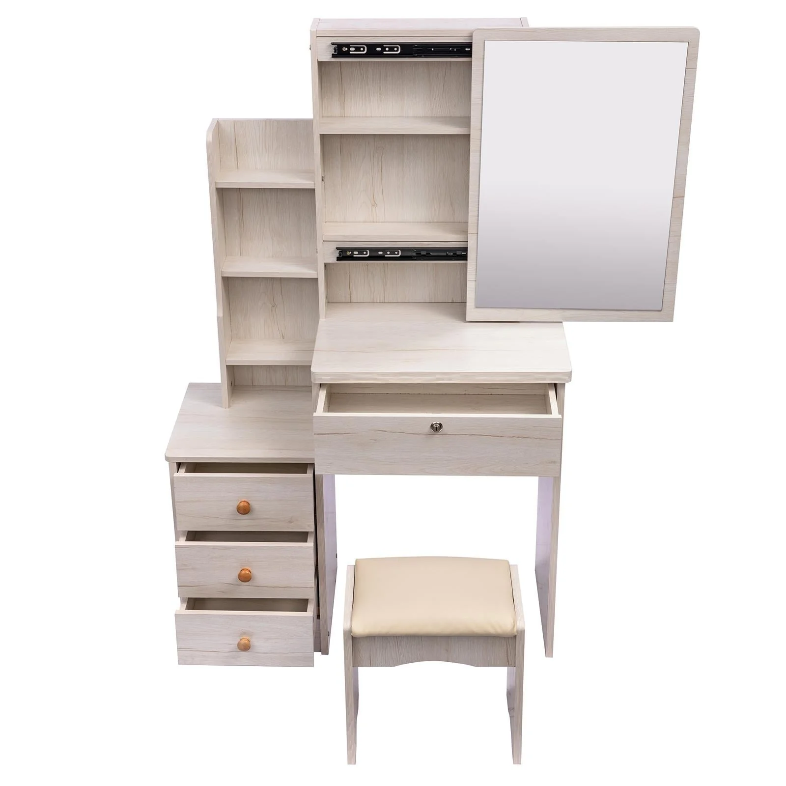 UBesGoo Vanity Set with Sliding Mirror, Makeup Vanity Dressing Table with 4 Drawers, Shelves, Dresser Desk and Cushioned Stool Set (White Oak Color)