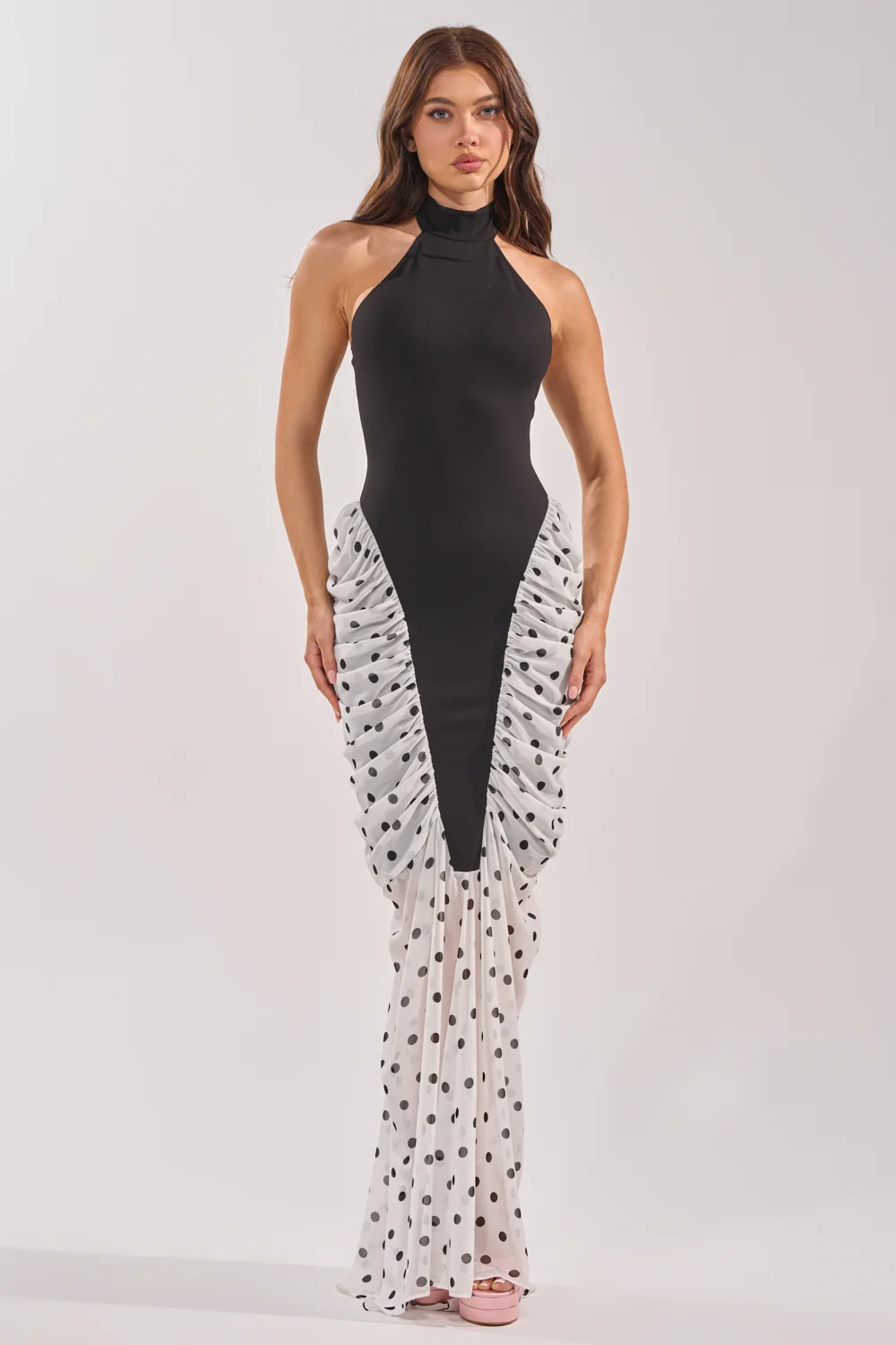 OUT FOR THE NIGHT MOCK NECK MAXI DRESS IN POLKA DOT - Akira Wear