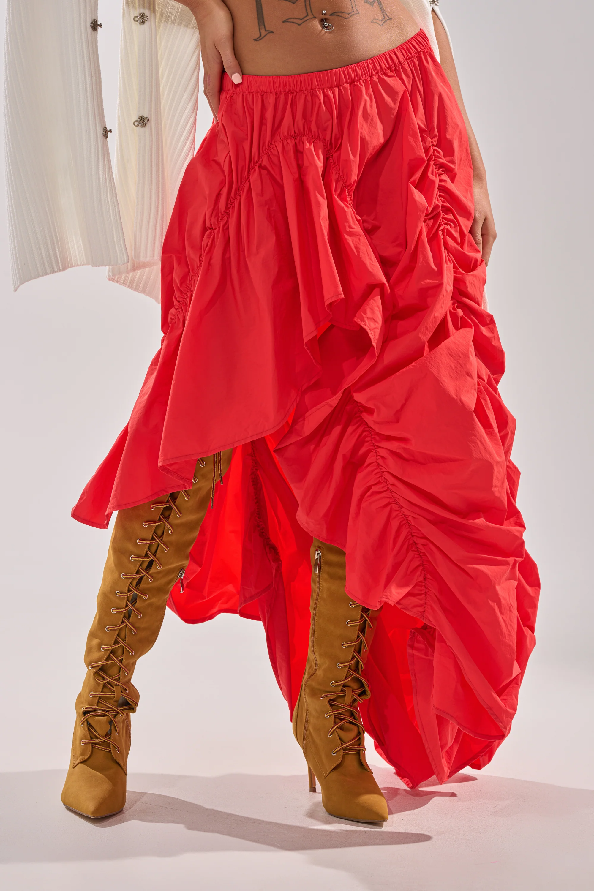 LETS CHANGE IT UP RUCHED MIDI SKIRT IN RED - Akira Wear