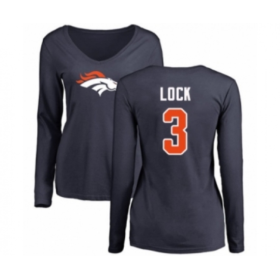 Football Women's Denver Broncos #3 Drew Lock Navy Blue Name & Number Logo Long Sleeve T-Shirt - Jersey