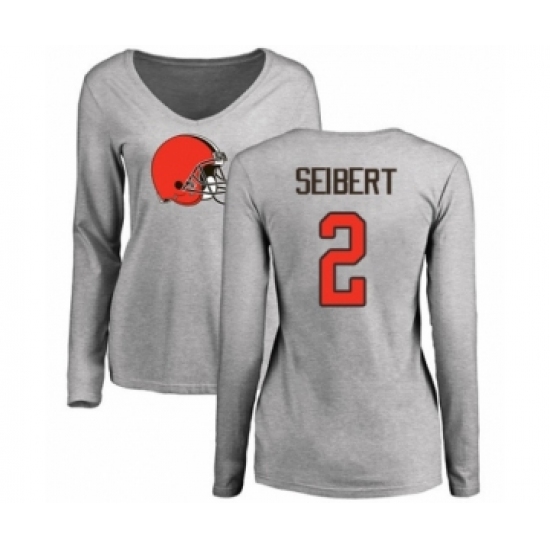 Football Women's Cleveland Browns #2 Austin Seibert Ash Name & Number Logo Long Sleeve T-Shirt - Jersey