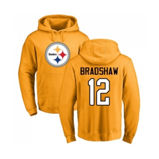 Football Pittsburgh Steelers #12 Terry Bradshaw Gold Name & Number Logo Pullover Hoodie - Jersey