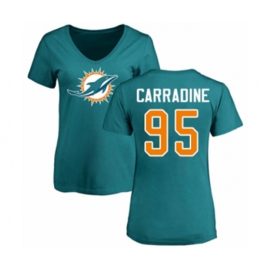 Football Women's Miami Dolphins #95 Tank Carradine Aqua Green Name & Number Logo T-Shirt - Jersey
