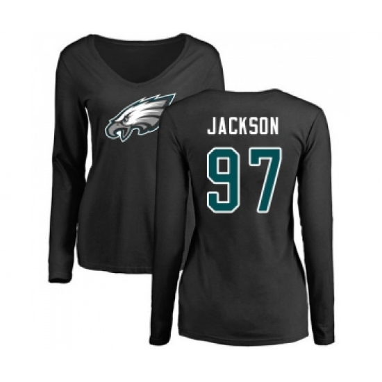Women's Philadelphia Eagles #97 Malik Jackson Black Name & Number Logo Slim Fit Long Sleeve T-Shirt - Jersey