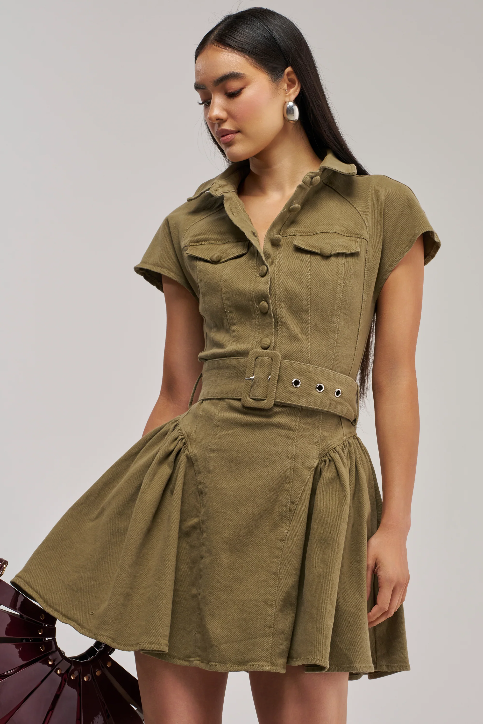 SADIE BUTTON UP MINI DRESS IN OLIVE DENIM - Akira Wear