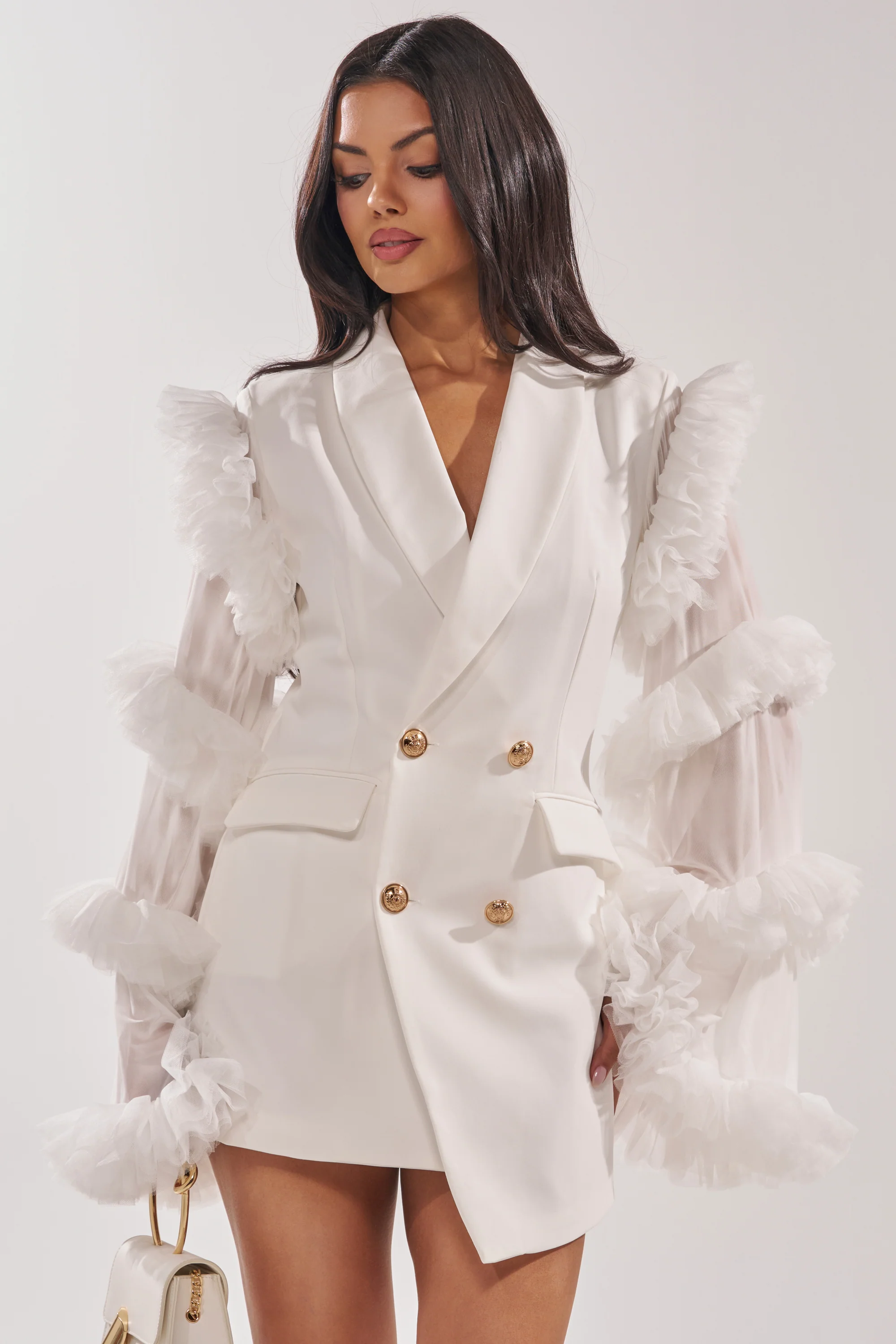 LIVING OVER THE TOP RUFFLE SLEEVE BLAZER MINI DRESS IN WHITE - Akira Wear