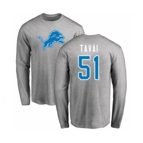 Football Detroit Lions #51 Jahlani Tavai Ash Name & Number Logo Long Sleeve T-Shirt - Jersey