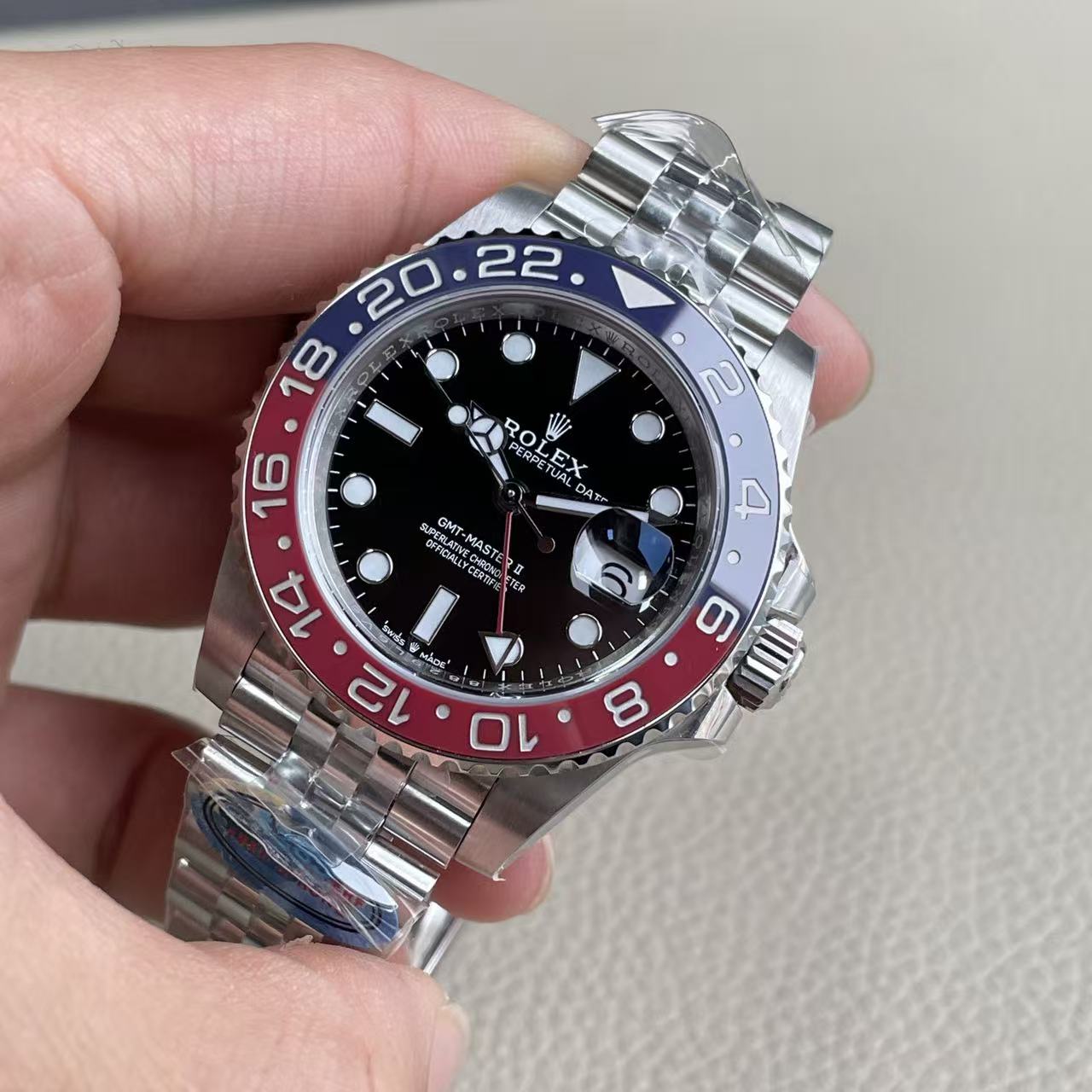 Code No. 10 Rolex GMT‑Master II Automatic Dual‑Time Watch, Pepsi Red‑Blue Bezel, Jubilee Bracelet
