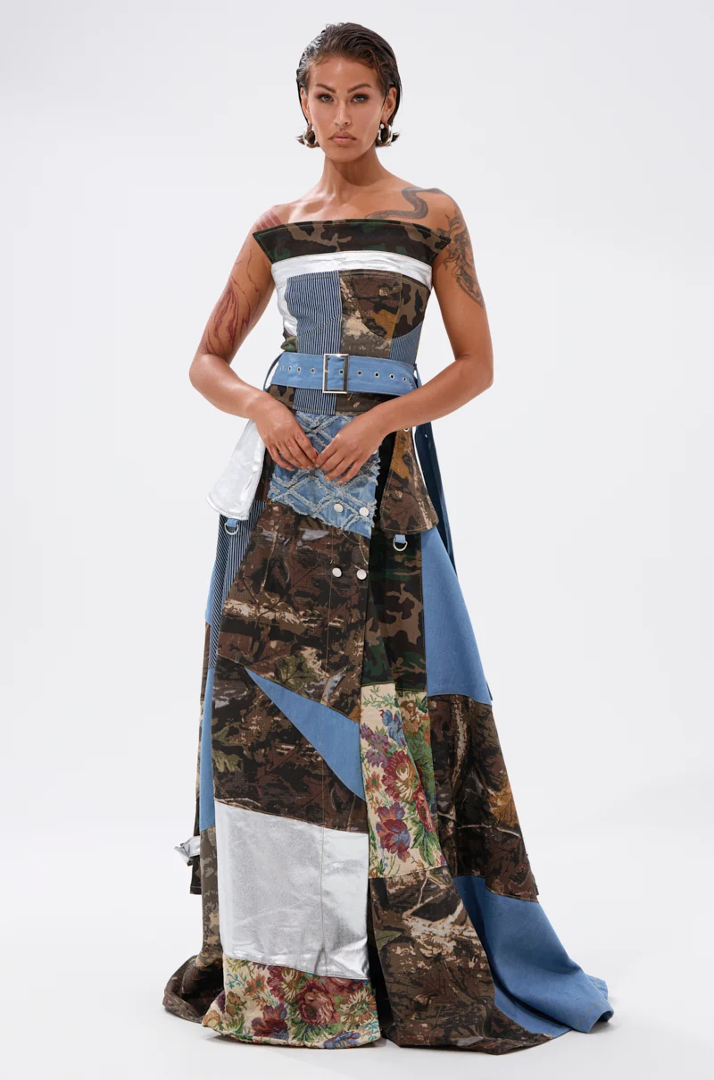 STRAPLESS TRENCH MAXI DRESS WITH PATCHWORK DETAIL - Akira Wear