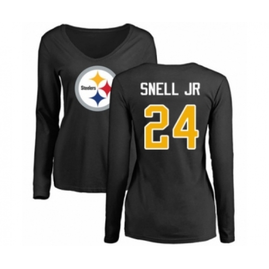 Women's Pittsburgh Steelers #24 Benny Snell Jr. Black Name & Number Logo Slim Fit Long Sleeve T-Shirt - Jersey