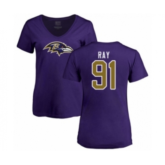 Football Women's Baltimore Ravens #91 Shane Ray Purple Name & Number Logo T-Shirt - Jersey