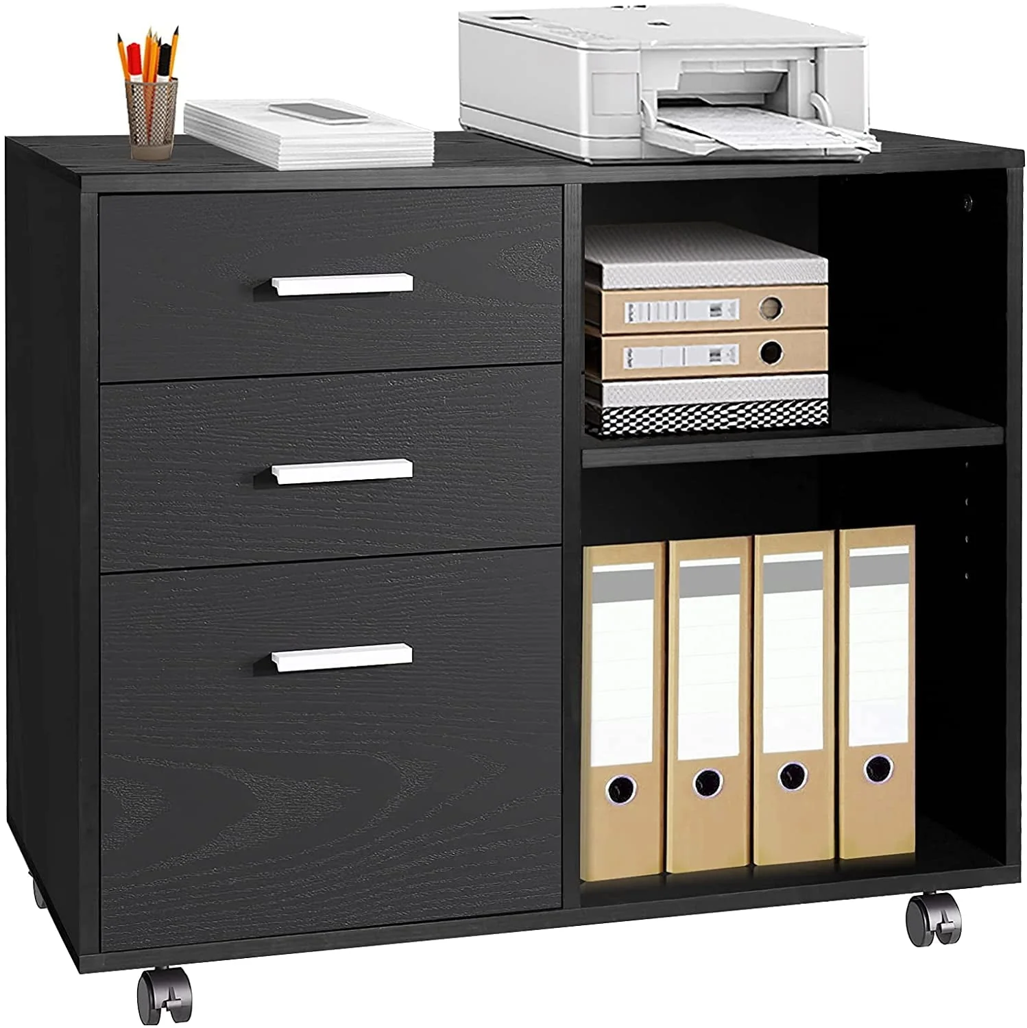 Richya Wood File Cabinet , Printer Stand with Open Storage Shelf, 3-Drawer File Cabinet, Home Office White
