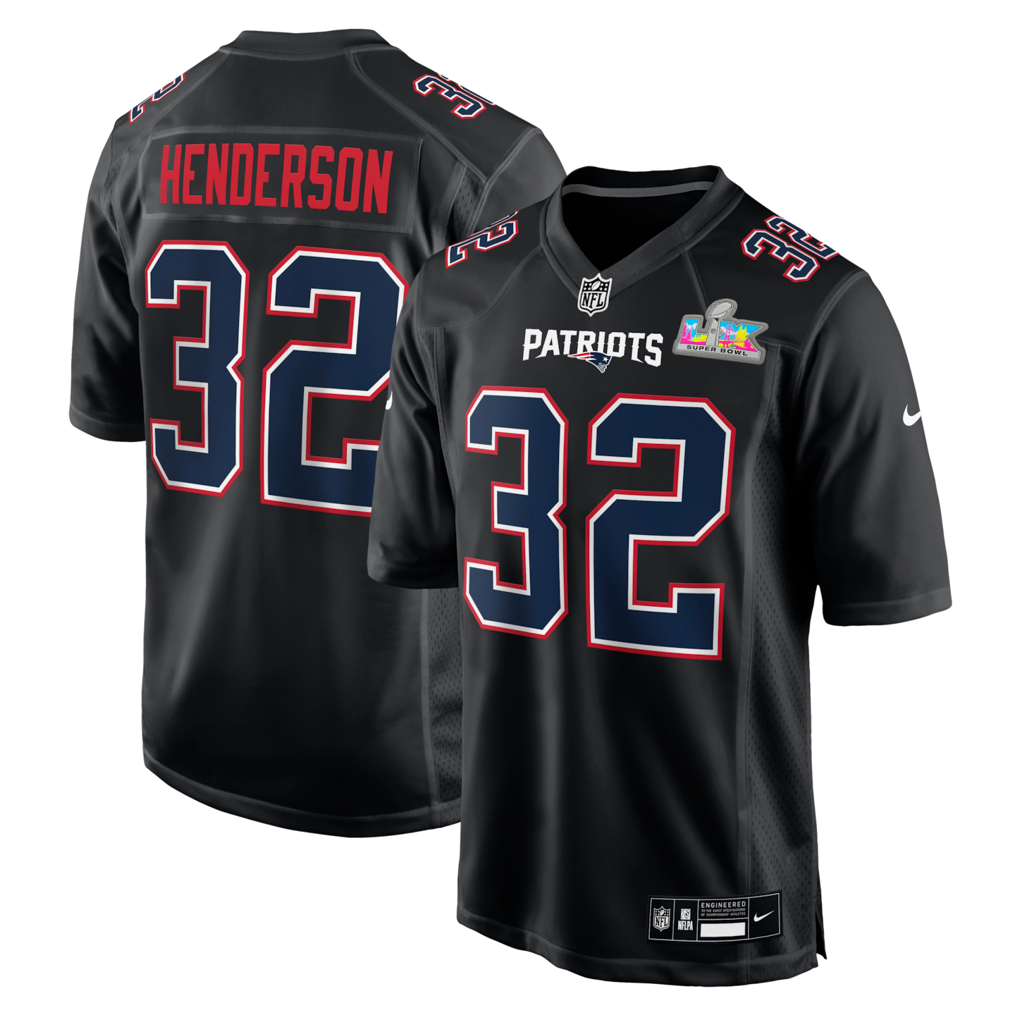 Men's New England Patriots TreVeyon Henderson Nike Black Super Bowl LX Patch Carbon Fashion Game Jersey - Jersey