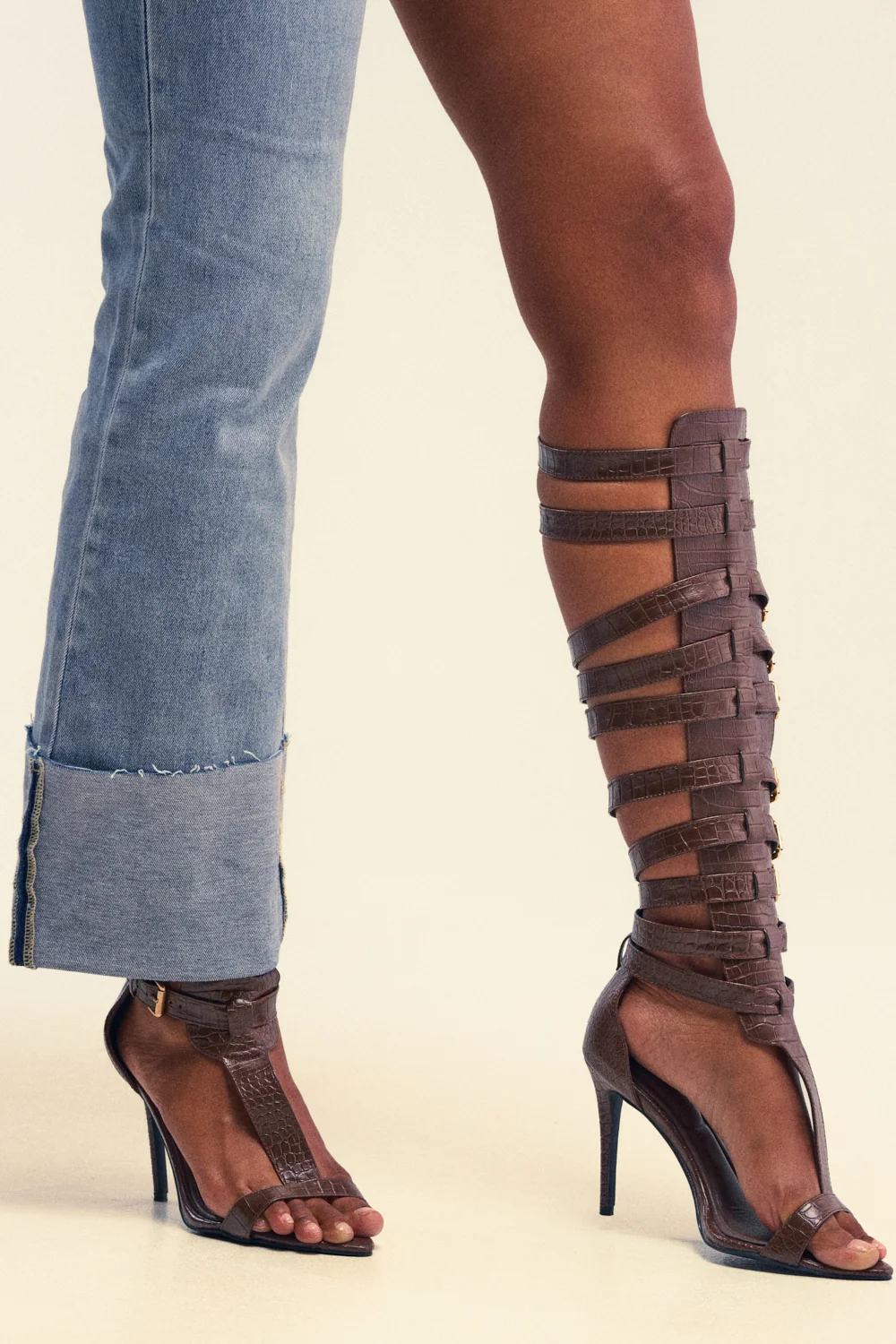 AZALEA WANG CHERELLI BROWN CROC OVER THE KNEE SANDAL - Akira Wear