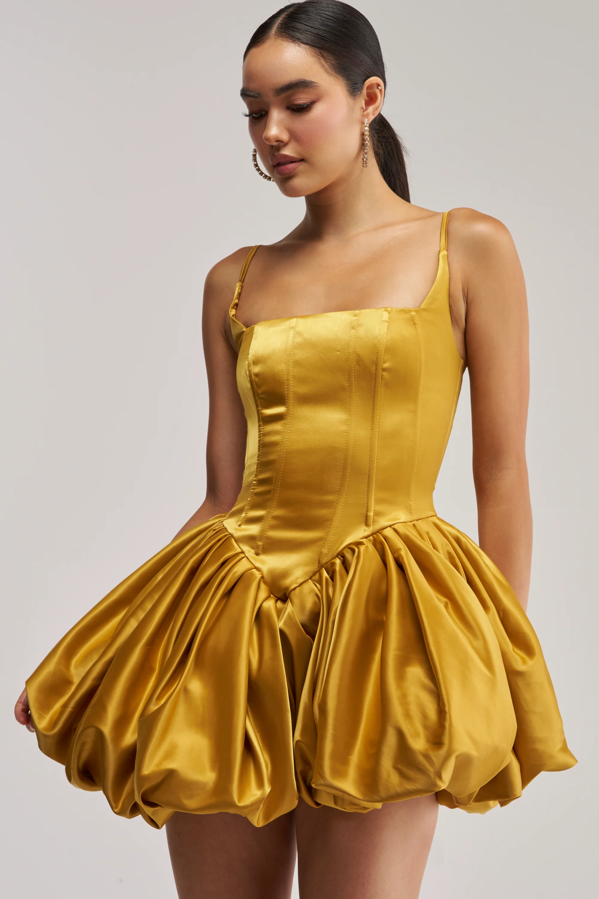JULIET SATIN MINI DRESS IN MUSTARD - Akira Wear
