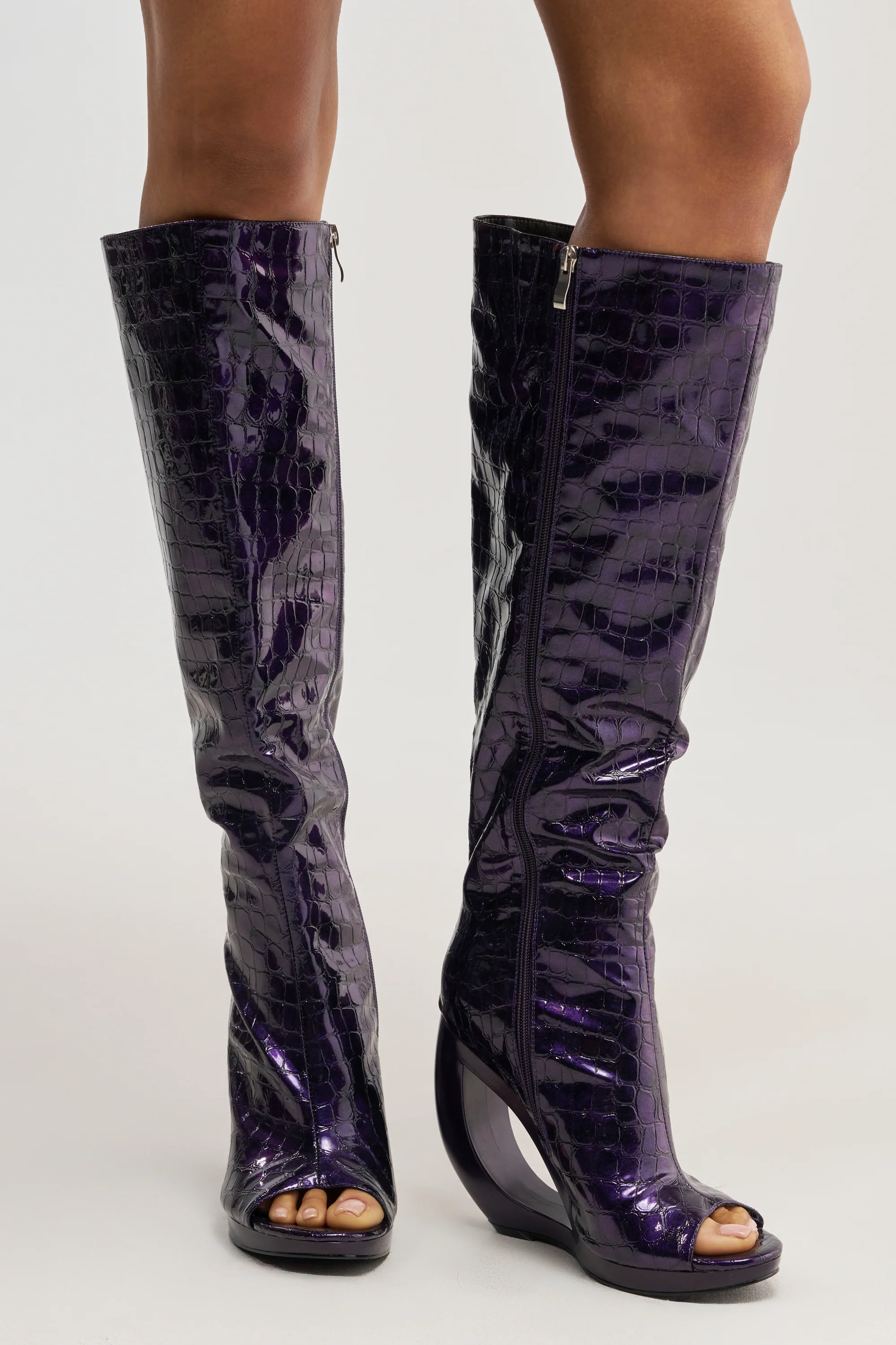 AZALEA WANG CAMILLA PURPLE NOIR CROC OPEN TOE WEDGE BOOT - Akira Wear