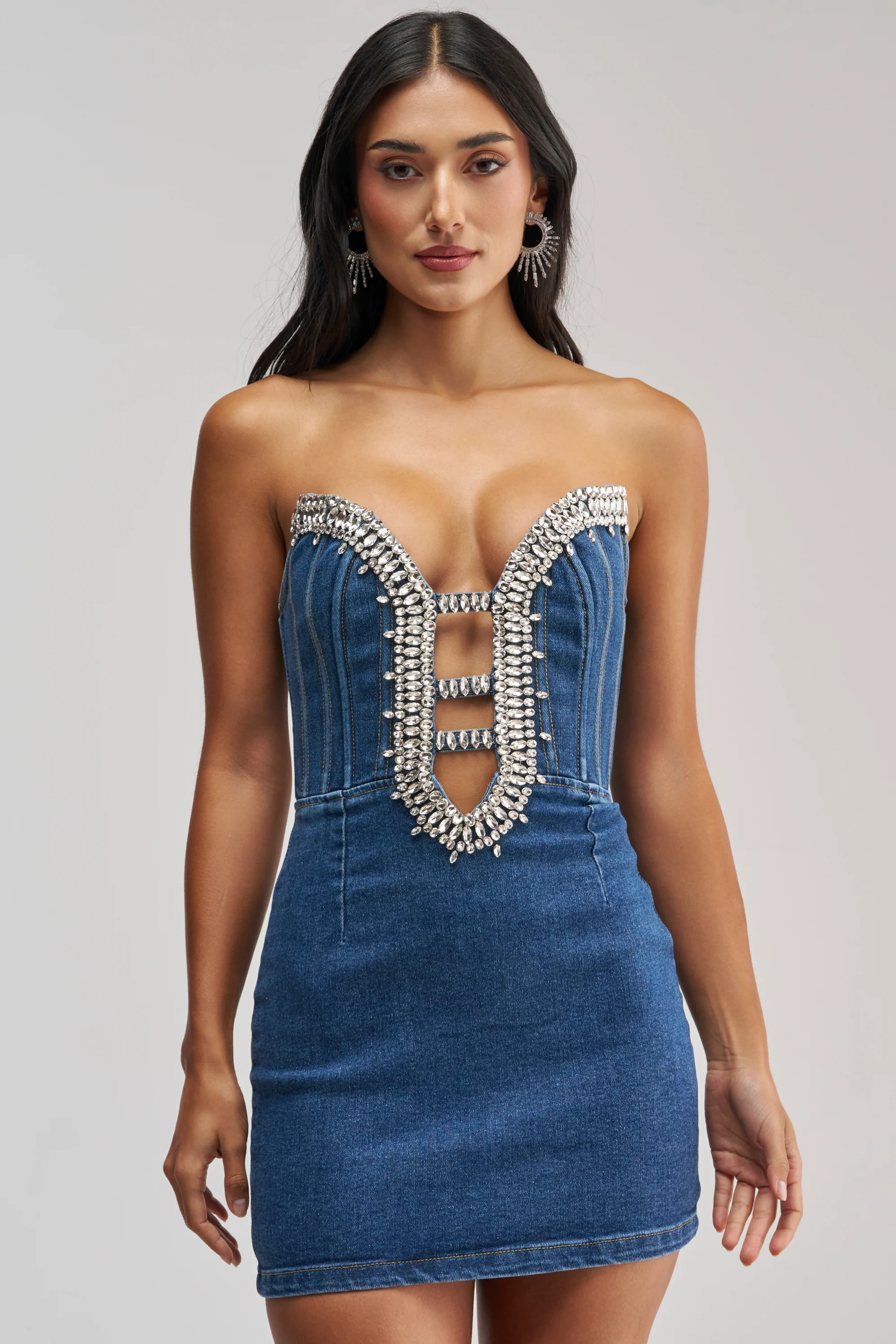 FEELIN THE LOVE RHINESTONE DENIM MINI DRESS - Akira Wear