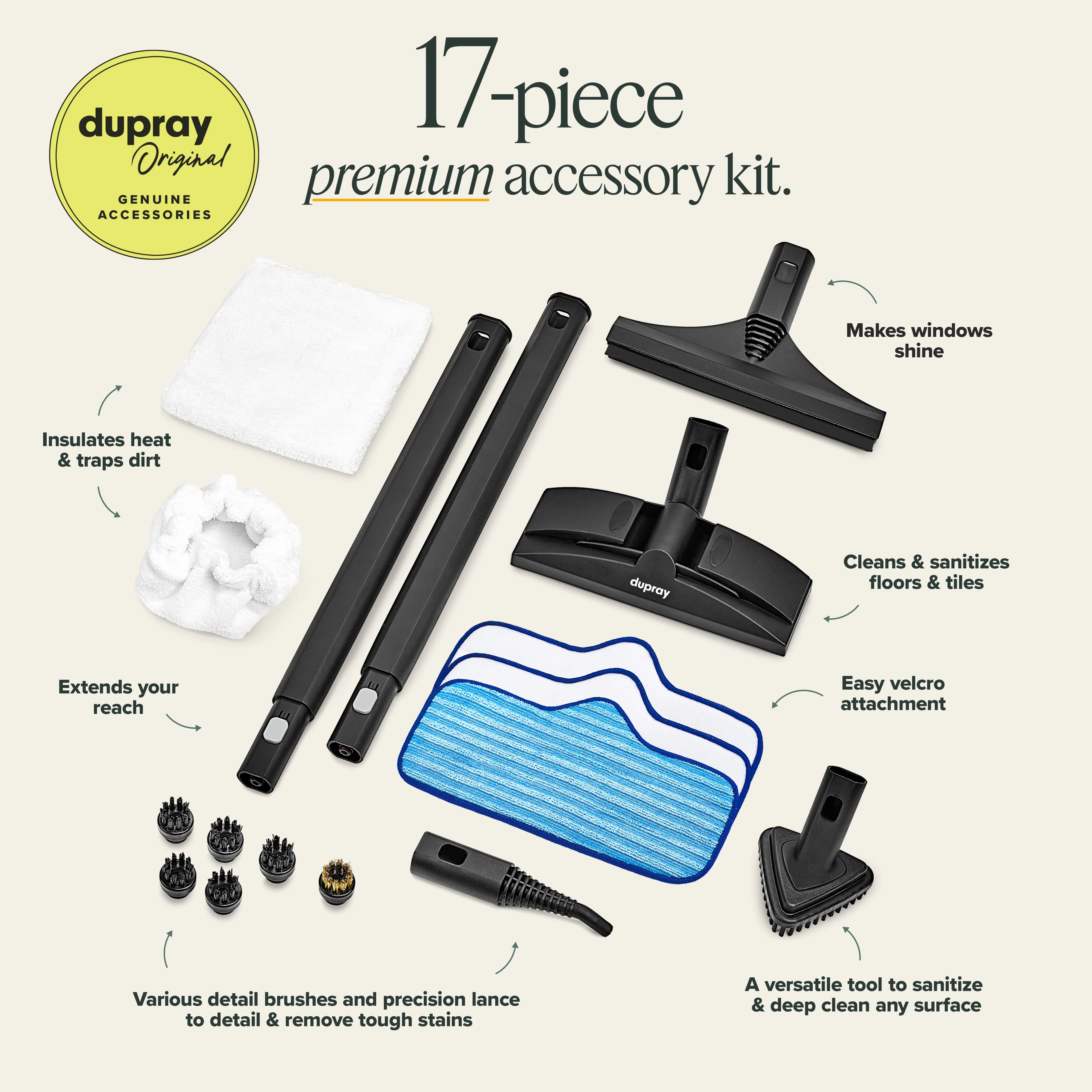 Dupray Neat Steam Cleaner 17-Piece Kit �?Our bestselling multipurpose steam cleaner with all the tools to clean, detail, sanitize*, deodorize floors, grout, bathrooms, kitchens and more. 1500w
