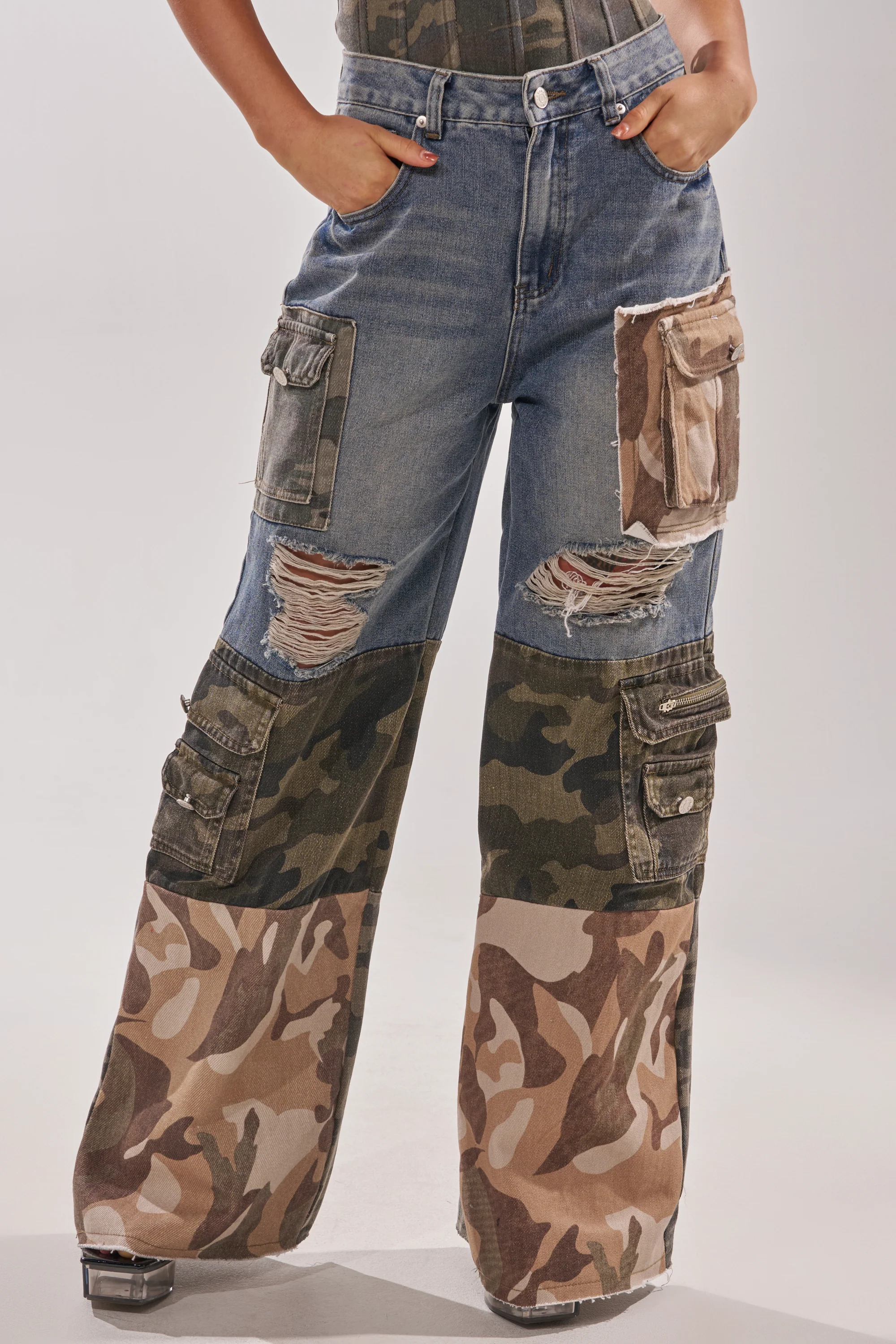 MIXED CAMO DENIM CARGO PANTS - Akira Wear