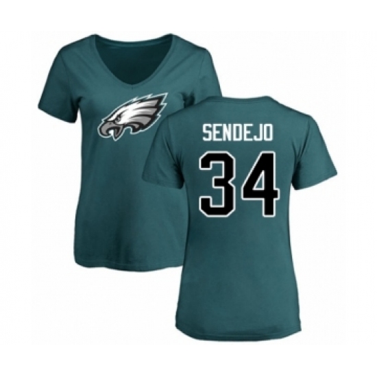 Women's Philadelphia Eagles #34 Andrew Sendejo Green Name & Number Logo Slim Fit T-Shirt - Jersey