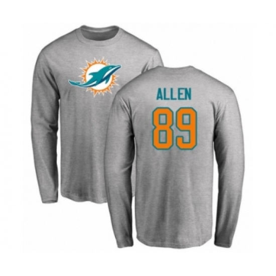 Football Miami Dolphins #89 Dwayne Allen Ash Name & Number Logo Long Sleeve T-Shirt - Jersey