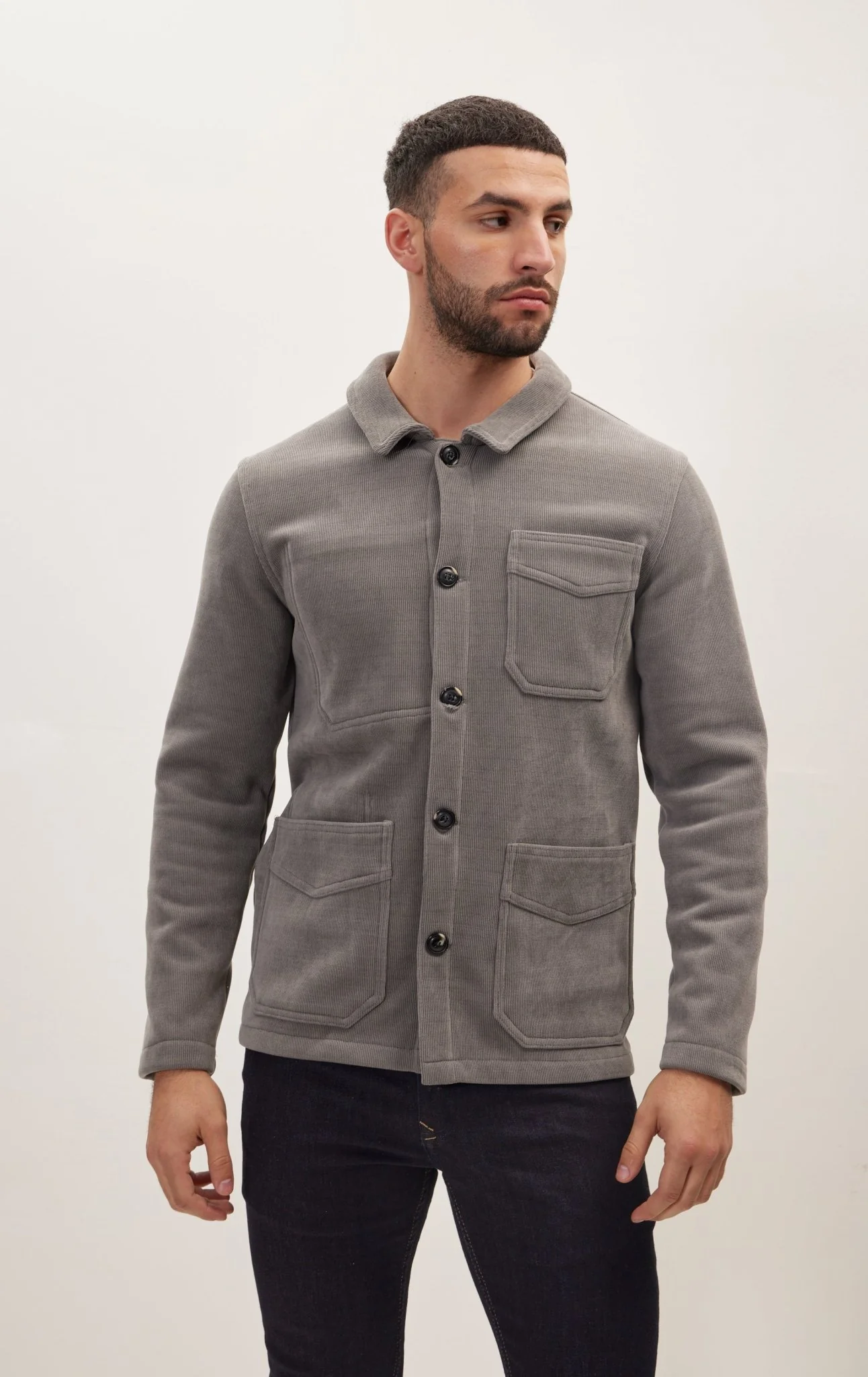 Relaxed Corduroy Button Closure Jacket - Grey