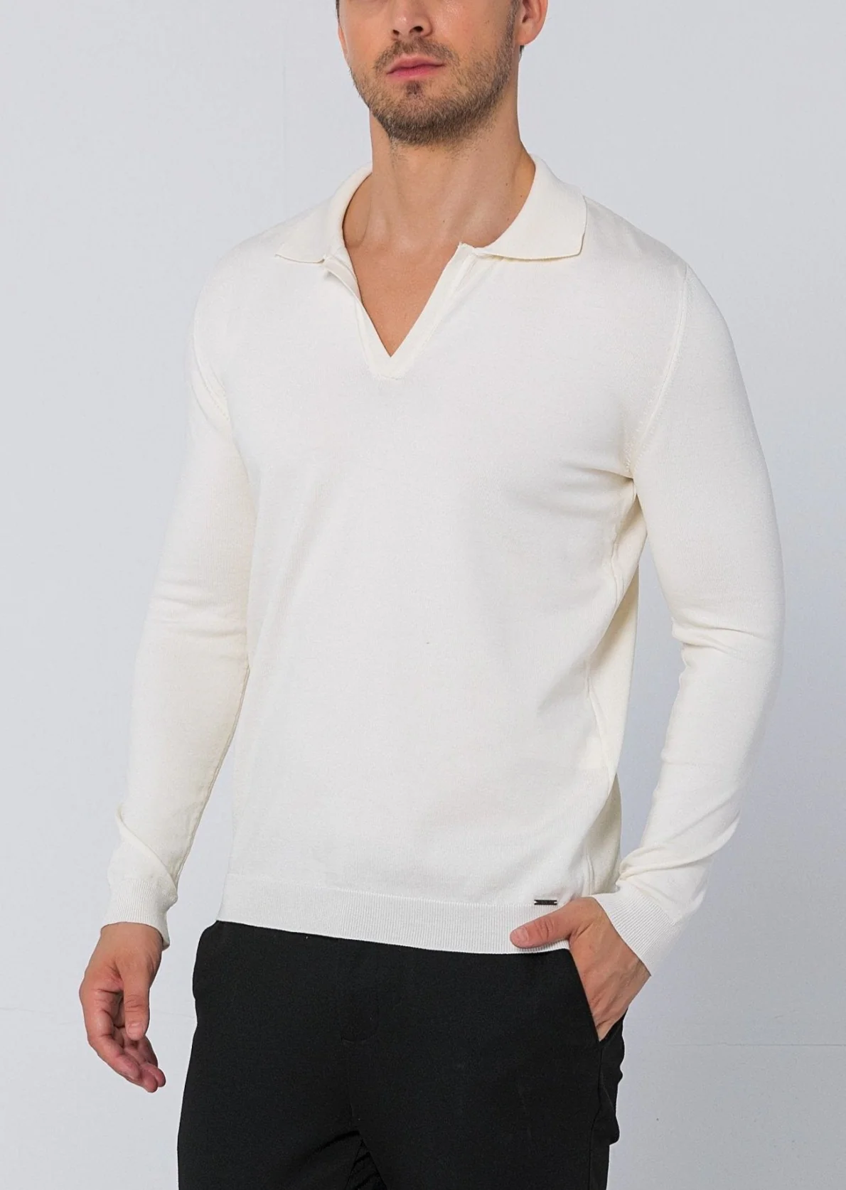 Johnny-Collar Sweater Polo - Ecru